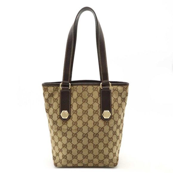 GUCCI GG canvas tote bag shoulder leather khaki beige dark brown 153361 - Picture 1 of 8